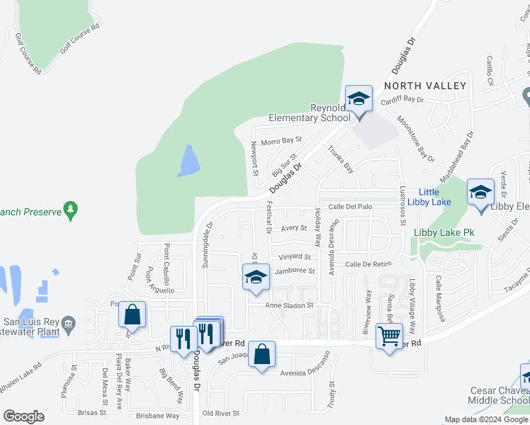 map of restaurants, bars, coffee shops, grocery stores, and more near 319 Festival Drive in Oceanside