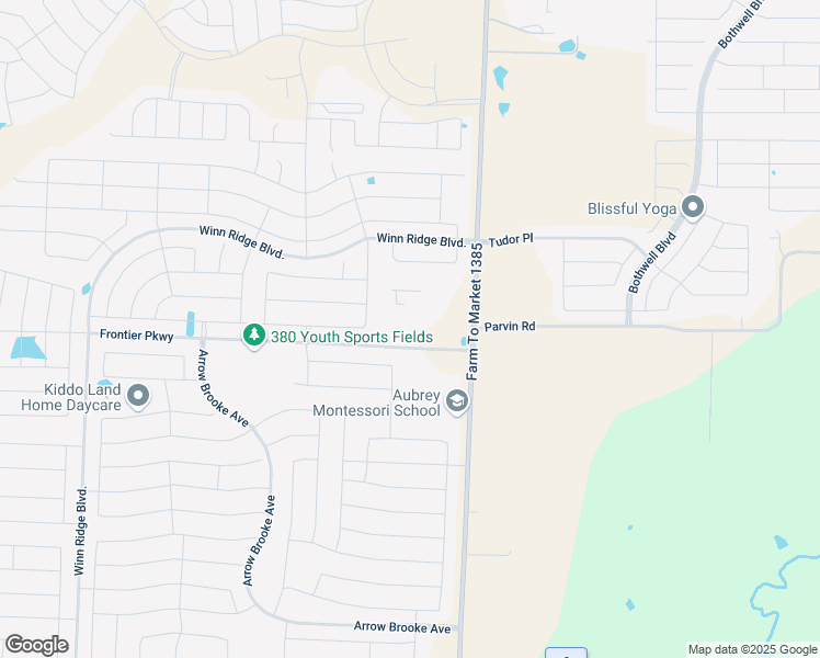 map of restaurants, bars, coffee shops, grocery stores, and more near Bryan Road in Aubrey