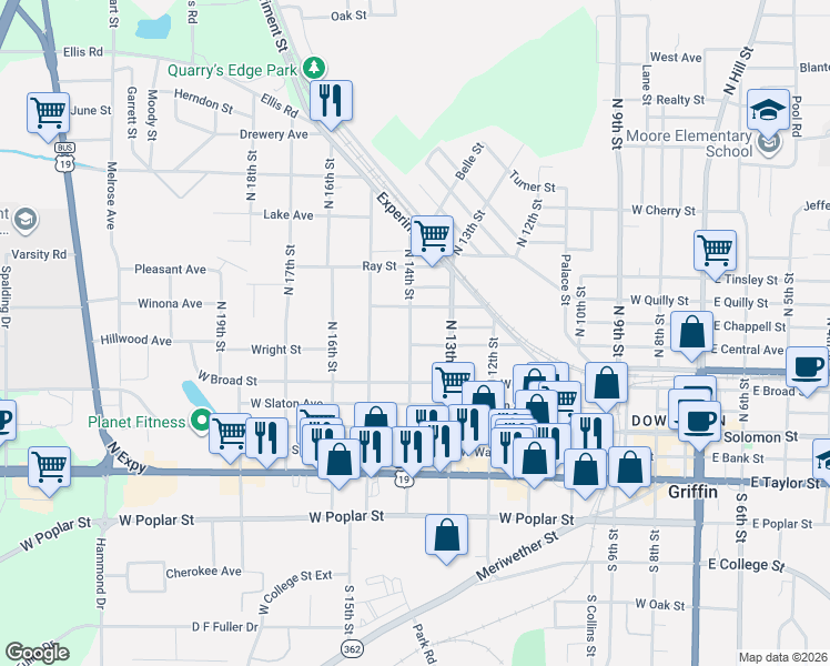 map of restaurants, bars, coffee shops, grocery stores, and more near 314 North 14th Street in Griffin