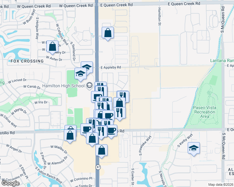 map of restaurants, bars, coffee shops, grocery stores, and more near 227 East Carob Drive in Chandler