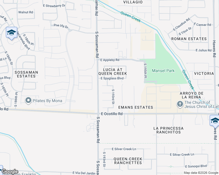 map of restaurants, bars, coffee shops, grocery stores, and more near 19279 East Escalante Road in Queen Creek