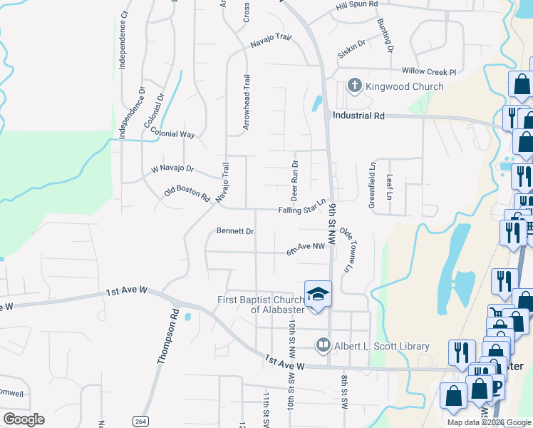map of restaurants, bars, coffee shops, grocery stores, and more near 927 Falling Star Lane in Alabaster