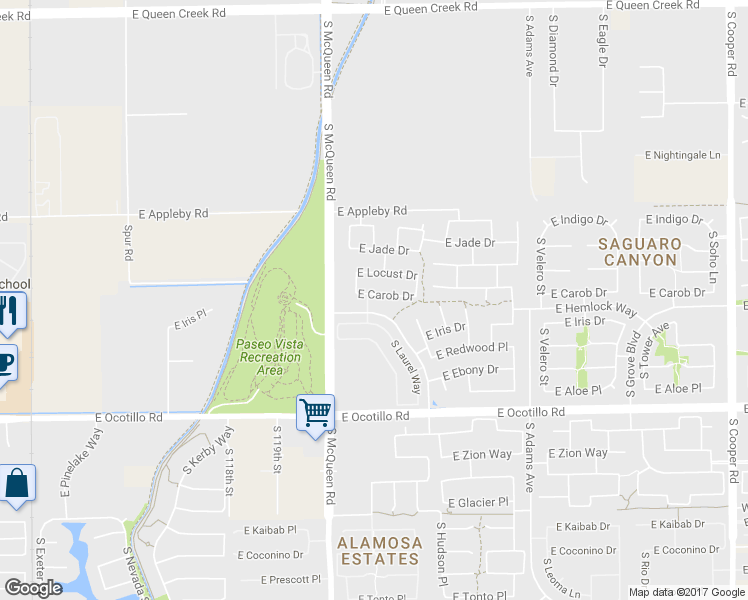 map of restaurants, bars, coffee shops, grocery stores, and more near 1107 East Carob Drive in Chandler