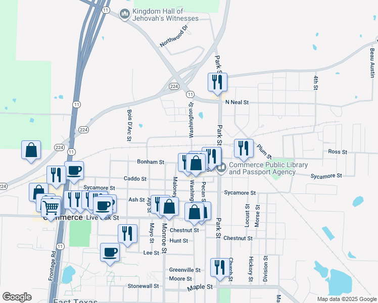 map of restaurants, bars, coffee shops, grocery stores, and more near 1105 Washington Street in Commerce