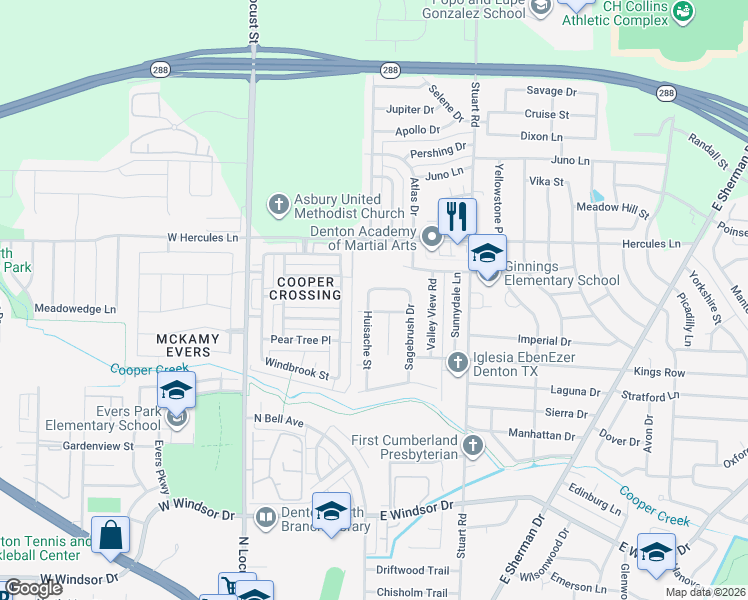 map of restaurants, bars, coffee shops, grocery stores, and more near 3502 Huisache St in Denton