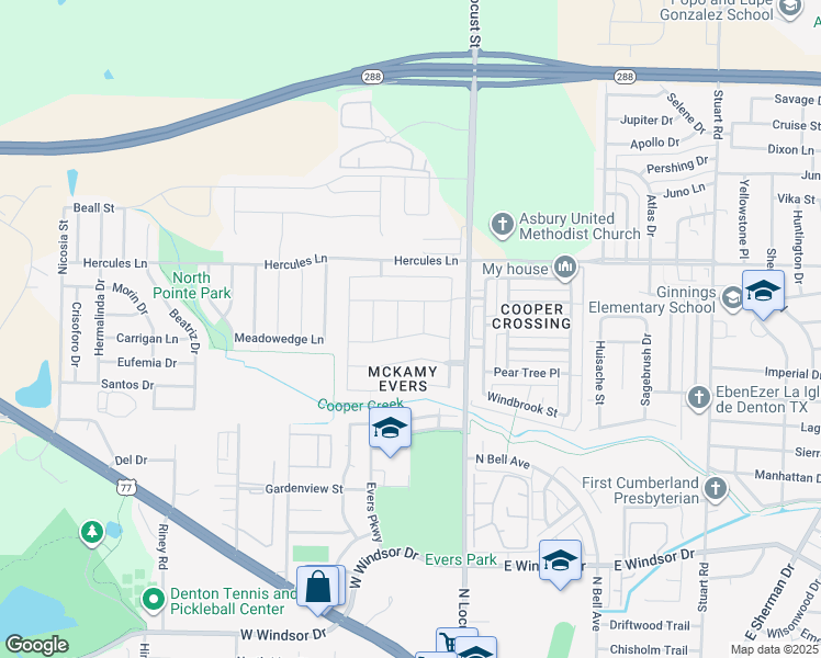 map of restaurants, bars, coffee shops, grocery stores, and more near 204 Wilson Way in Denton