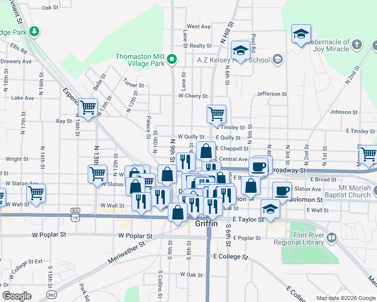 map of restaurants, bars, coffee shops, grocery stores, and more near 204 West Chappell Street in Griffin