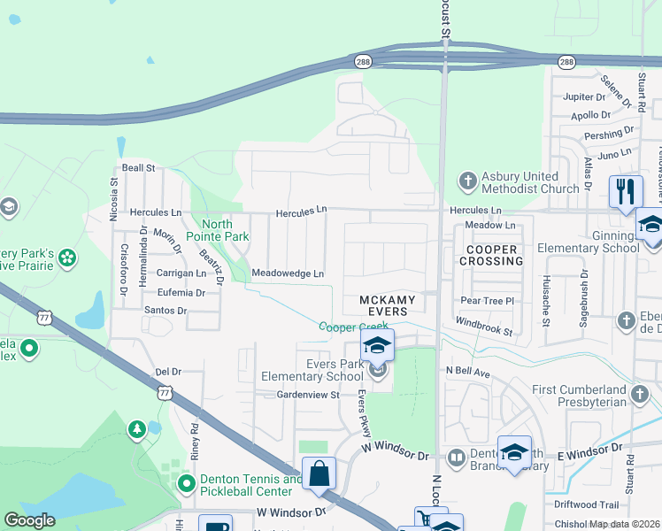 map of restaurants, bars, coffee shops, grocery stores, and more near 3508 Meadowtrail Lane in Denton