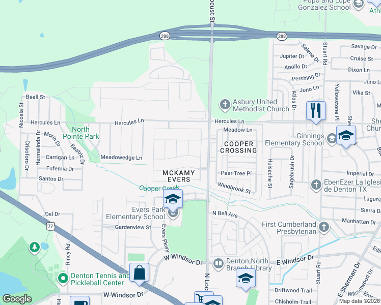 map of restaurants, bars, coffee shops, grocery stores, and more near 3600 Robbie Run in Denton