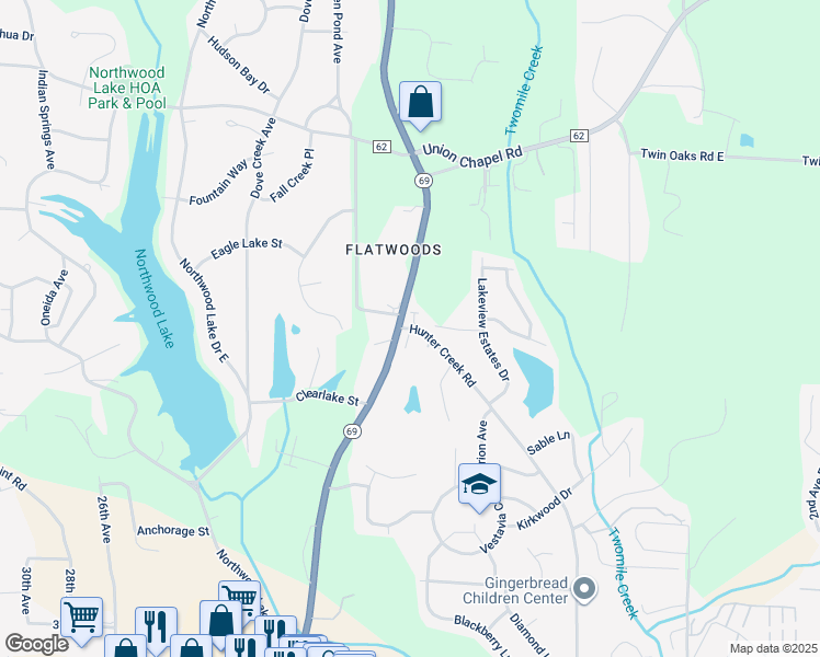 map of restaurants, bars, coffee shops, grocery stores, and more near 4493 Hunter Creek Road in Northport