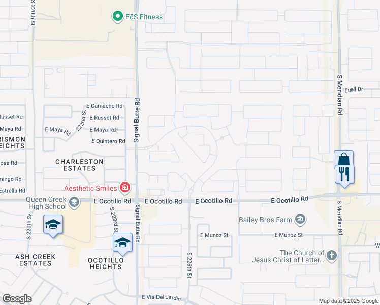 map of restaurants, bars, coffee shops, grocery stores, and more near 21620 South 225th Way in Queen Creek