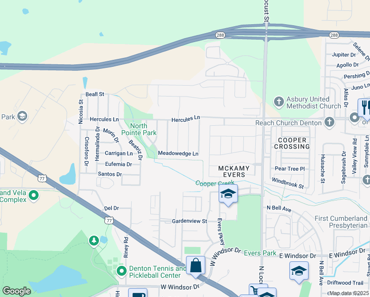 map of restaurants, bars, coffee shops, grocery stores, and more near 3505 Ann Arbor Lane in Denton
