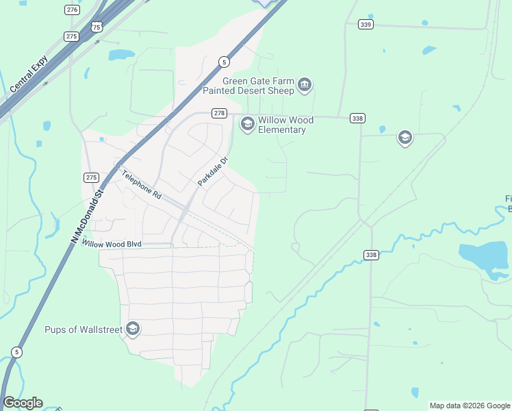 map of restaurants, bars, coffee shops, grocery stores, and more near 3487 County Road 338 in Melissa