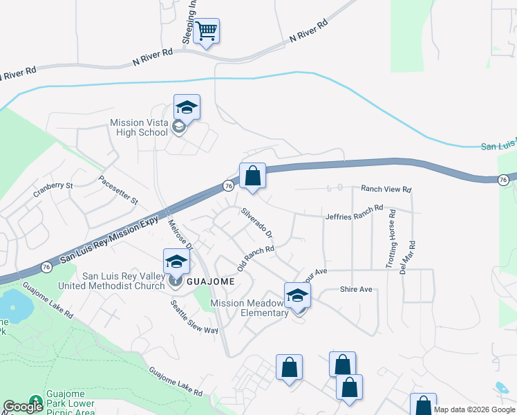 map of restaurants, bars, coffee shops, grocery stores, and more near 5751 Jeffries Ranch Road in Oceanside