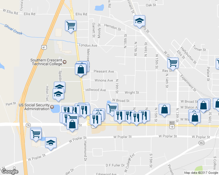 map of restaurants, bars, coffee shops, grocery stores, and more near 1221 Hillwood Avenue in Griffin