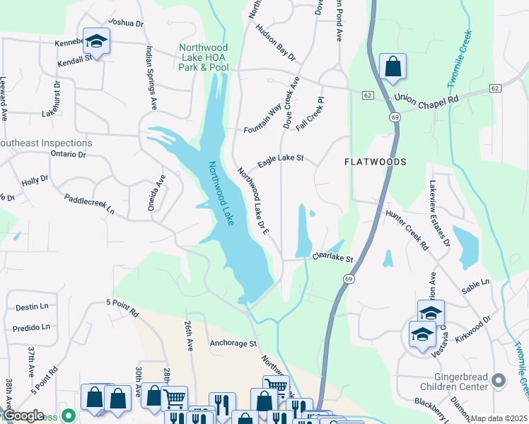 map of restaurants, bars, coffee shops, grocery stores, and more near 4709 Northwood Lake Drive in Northport