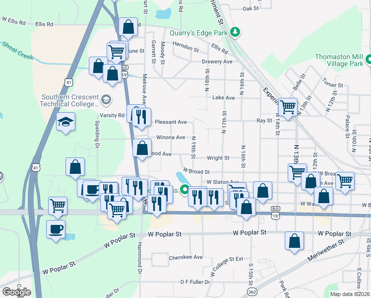 map of restaurants, bars, coffee shops, grocery stores, and more near 1213 Hillwood Avenue in Griffin
