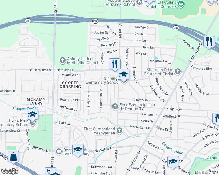 map of restaurants, bars, coffee shops, grocery stores, and more near 3518 Valley View Road in Denton