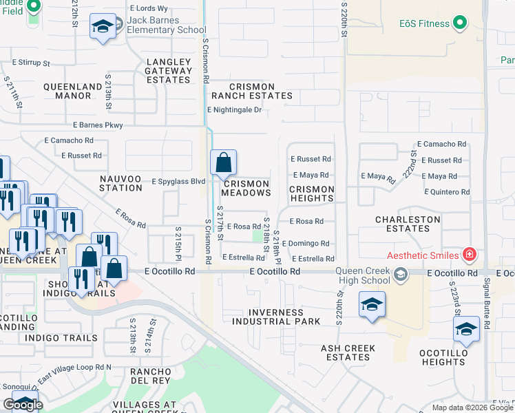 map of restaurants, bars, coffee shops, grocery stores, and more near 21778 East Escalante Road in Queen Creek