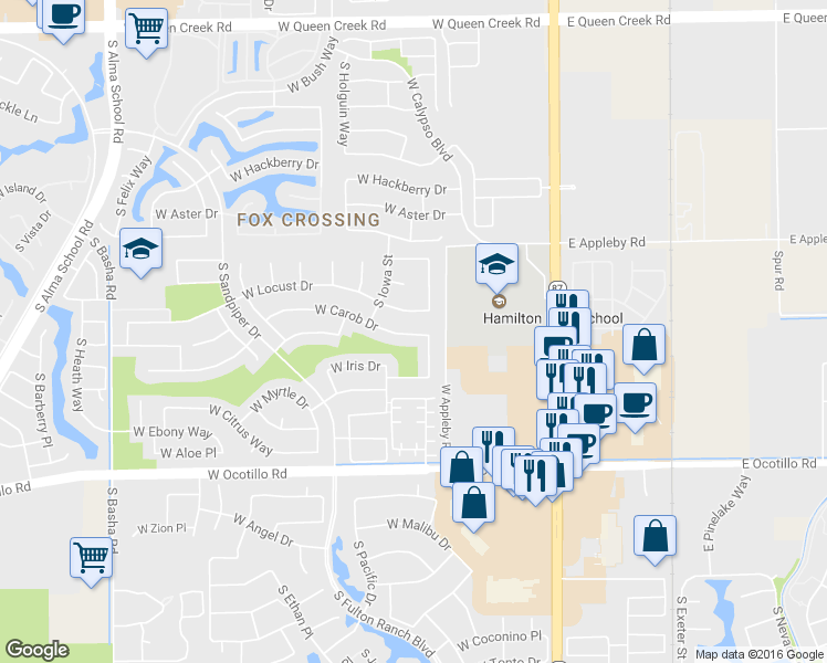 map of restaurants, bars, coffee shops, grocery stores, and more near 373 West Carob Drive in Chandler