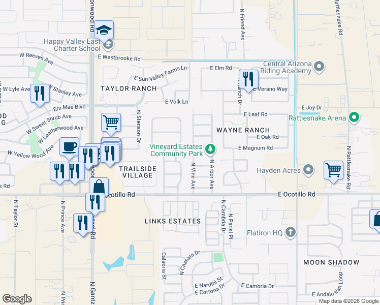 map of restaurants, bars, coffee shops, grocery stores, and more near 41048 North Vine Avenue in Queen Creek