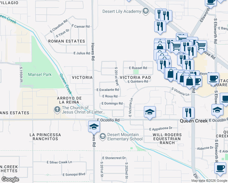 map of restaurants, bars, coffee shops, grocery stores, and more near 20383 East Escalante Road in Queen Creek
