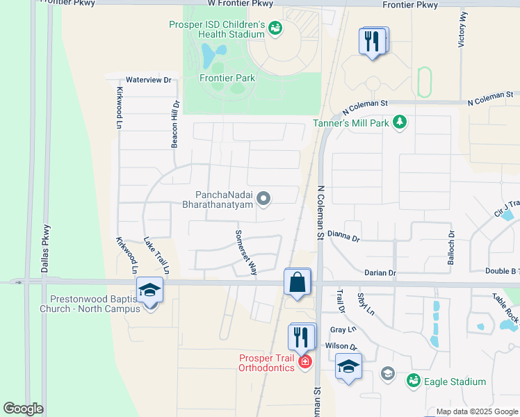 map of restaurants, bars, coffee shops, grocery stores, and more near 401 Timber Ridge Road in Prosper