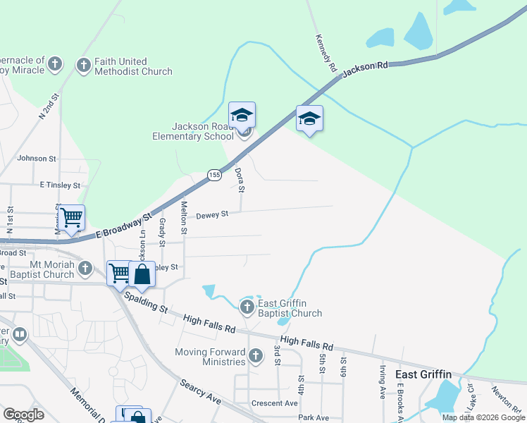map of restaurants, bars, coffee shops, grocery stores, and more near 1206 Dewey Street in Griffin