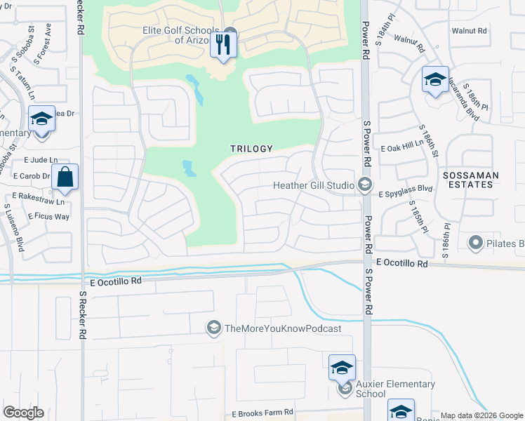 map of restaurants, bars, coffee shops, grocery stores, and more near 4532 East Narrowleaf Drive in Gilbert