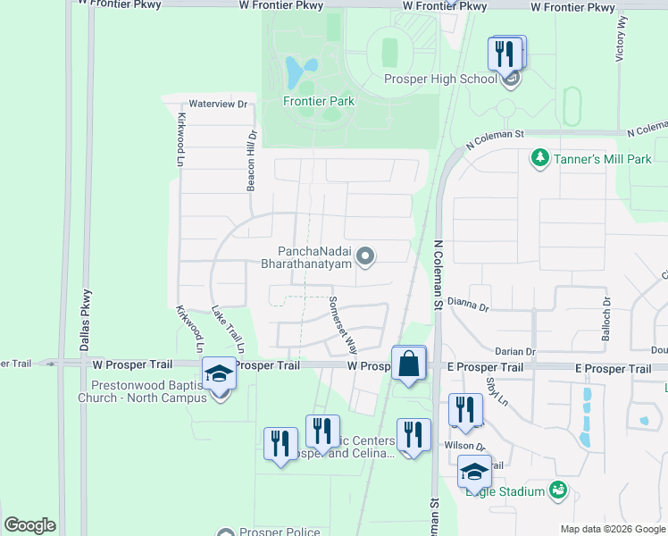 map of restaurants, bars, coffee shops, grocery stores, and more near 531 Timber Ridge Road in Prosper