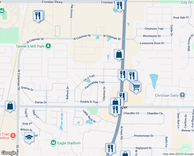 map of restaurants, bars, coffee shops, grocery stores, and more near 1120 Circle J Trail in Prosper