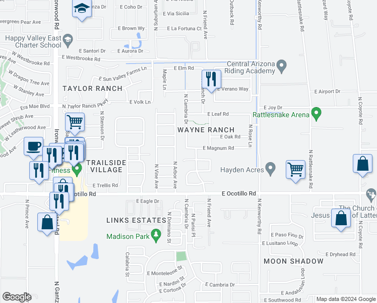 map of restaurants, bars, coffee shops, grocery stores, and more near 1267 East Magnum Road in San Tan Valley