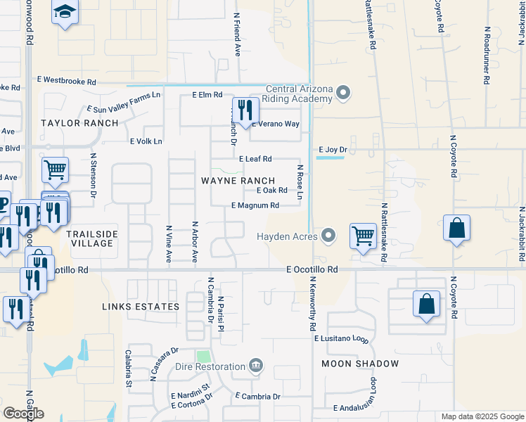 map of restaurants, bars, coffee shops, grocery stores, and more near 1551 East Magnum Road in Queen Creek