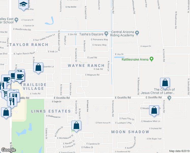 map of restaurants, bars, coffee shops, grocery stores, and more near 1551 East Magnum Road in Queen Creek