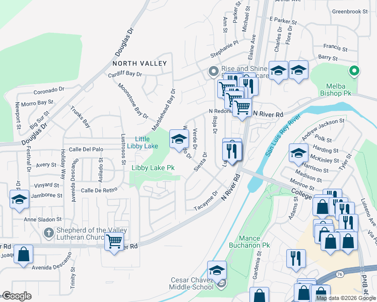 map of restaurants, bars, coffee shops, grocery stores, and more near 414 West Redondo Drive in Oceanside