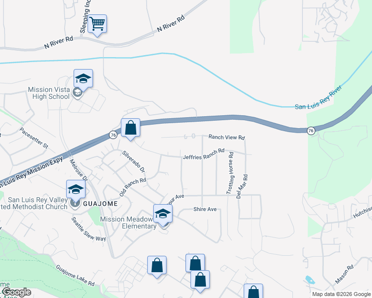 map of restaurants, bars, coffee shops, grocery stores, and more near 5822 Jeffries Ranch Road in Oceanside