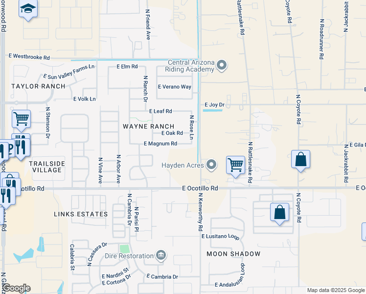 map of restaurants, bars, coffee shops, grocery stores, and more near 1695 East Magnum Road in Queen Creek