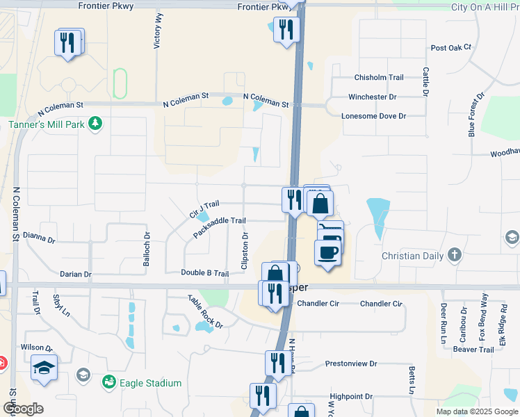 map of restaurants, bars, coffee shops, grocery stores, and more near 1210 Circle J Trail in Prosper