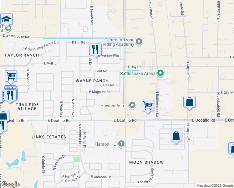 map of restaurants, bars, coffee shops, grocery stores, and more near 1695 East Magnum Road in Queen Creek