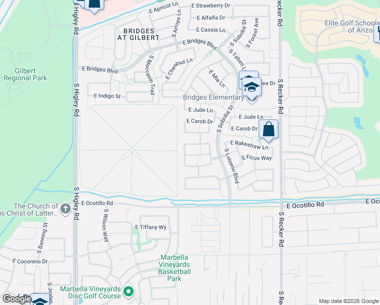 map of restaurants, bars, coffee shops, grocery stores, and more near 3642 East Ficus Way in Gilbert