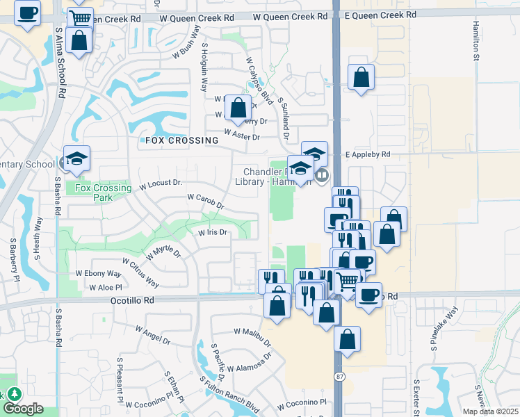 map of restaurants, bars, coffee shops, grocery stores, and more near 302 West Carob Drive in Chandler