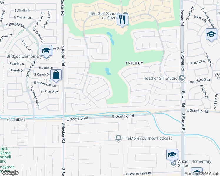 map of restaurants, bars, coffee shops, grocery stores, and more near 5411 South Eucalyptus Drive in Gilbert