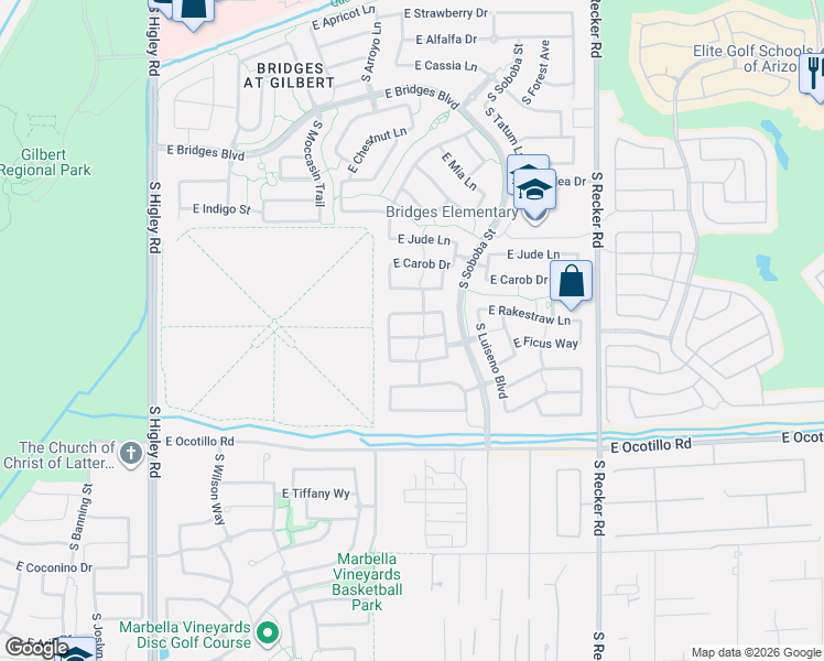 map of restaurants, bars, coffee shops, grocery stores, and more near 3628 East Ficus Way in Gilbert