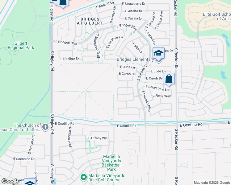 map of restaurants, bars, coffee shops, grocery stores, and more near 3628 East Ficus Way in Gilbert