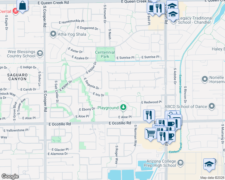 map of restaurants, bars, coffee shops, grocery stores, and more near 2575 East Carob Drive in Chandler