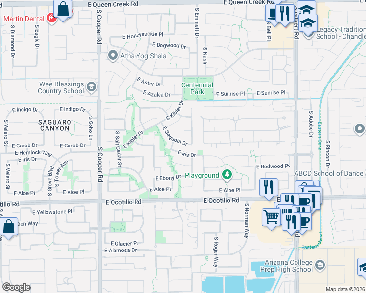 map of restaurants, bars, coffee shops, grocery stores, and more near 2459 East Sequoia Drive in Chandler
