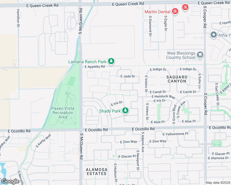 map of restaurants, bars, coffee shops, grocery stores, and more near 1297 East Carob Place in Chandler