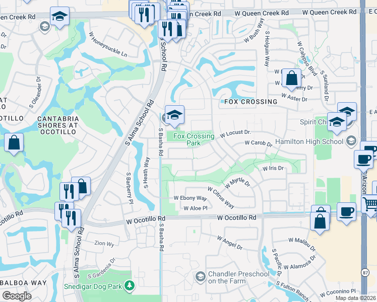 map of restaurants, bars, coffee shops, grocery stores, and more near 759 West Locust Drive in Chandler