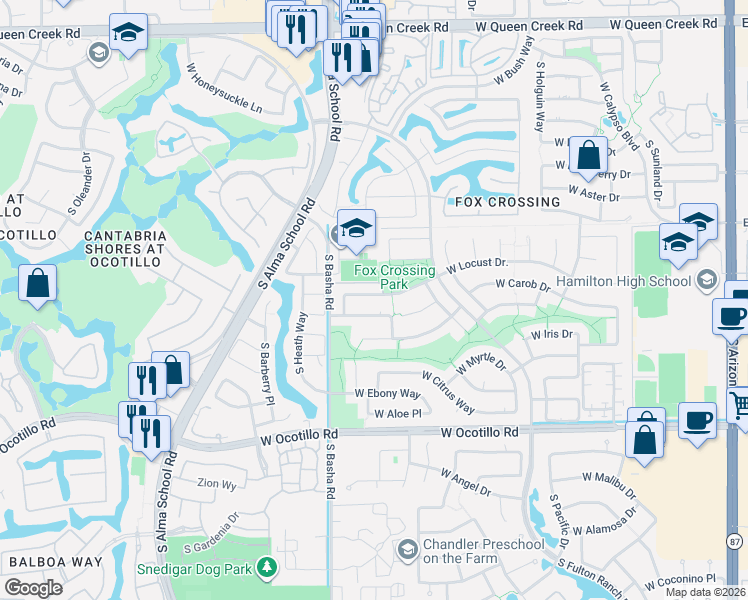 map of restaurants, bars, coffee shops, grocery stores, and more near 759 West Locust Drive in Chandler