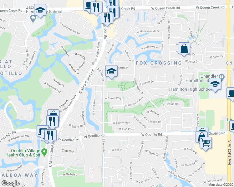 map of restaurants, bars, coffee shops, grocery stores, and more near 759 West Locust Drive in Chandler